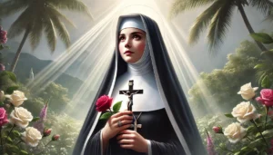 Voici une représentation réaliste de Sainte Rita, avec son habit traditionnel, une rose et un crucifix, dans un décor tropical évoquant La Réunion